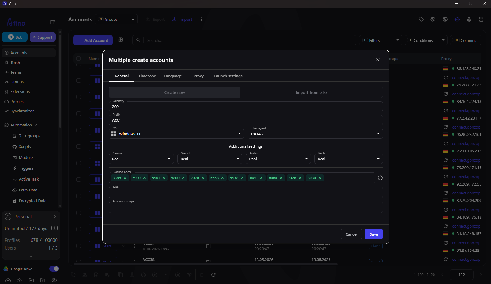 Bulk profile creation settings in Afina