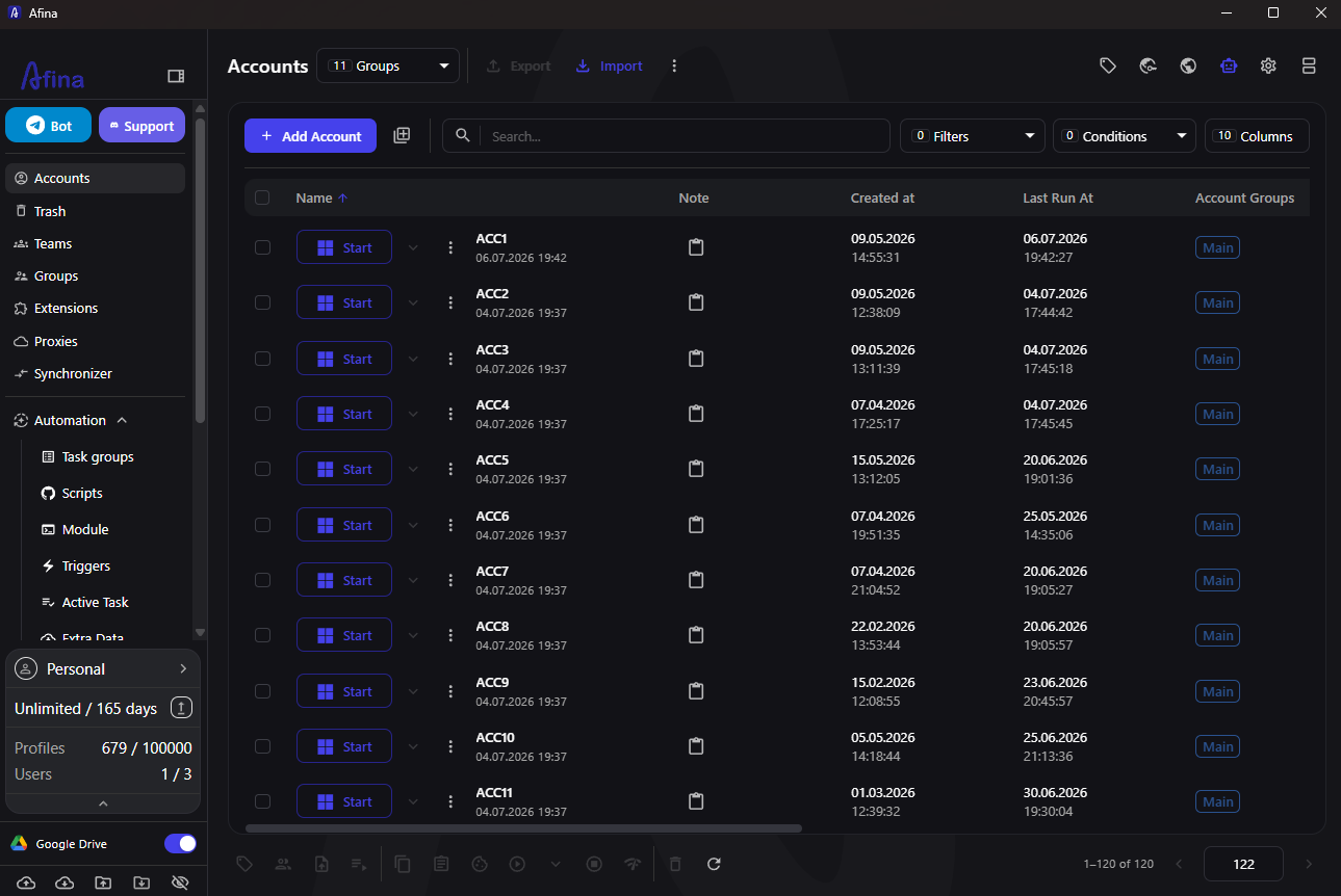 Organized profiles in the Afina Accounts screen