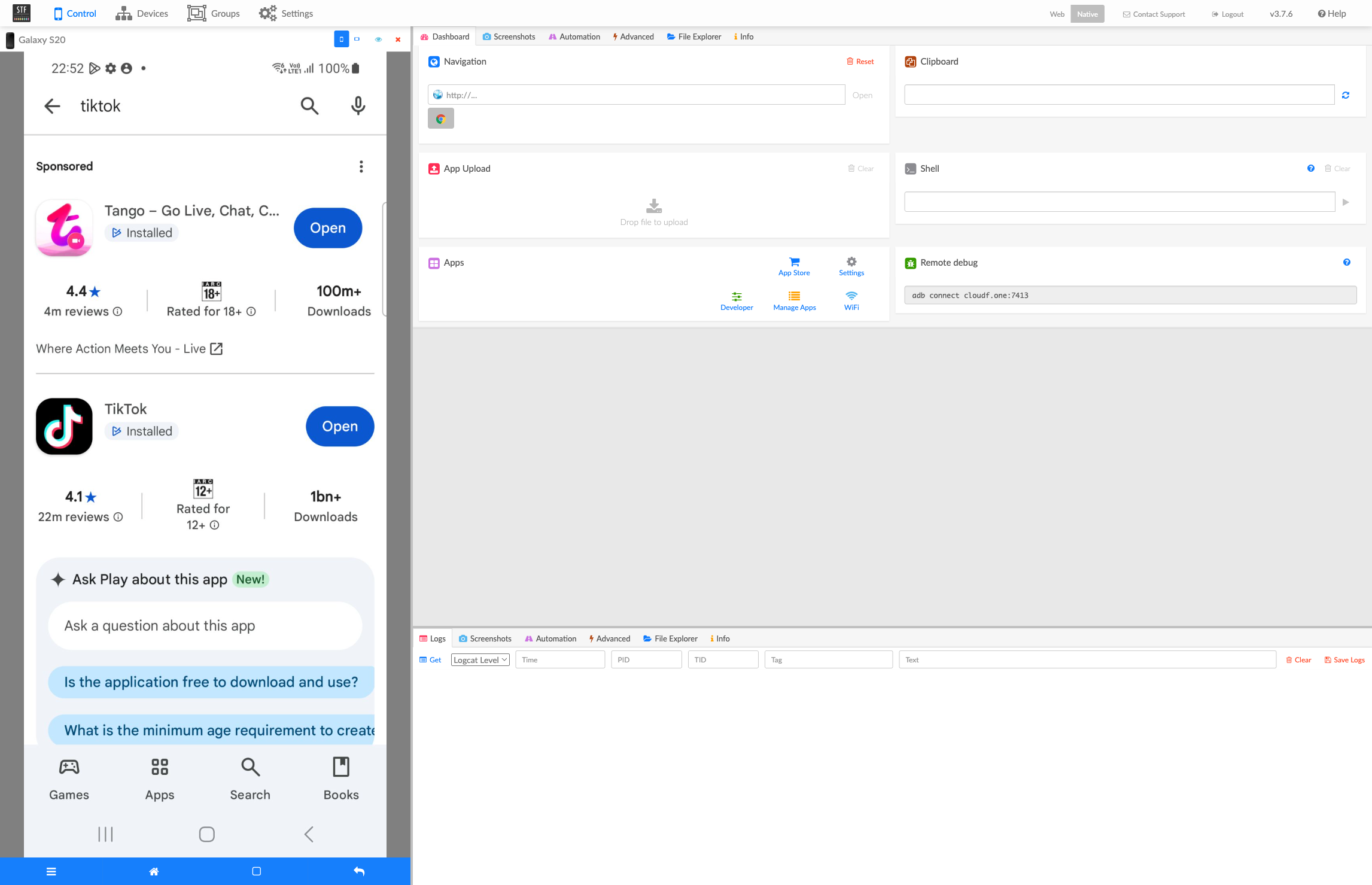 controlling a real Android phone remotely through the browser - Play Store with TikTok visible